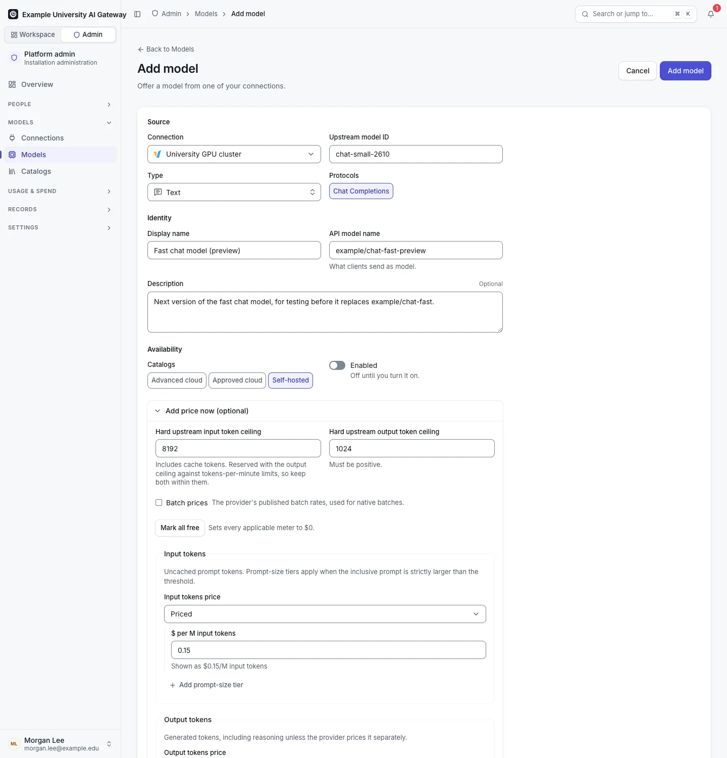 The Add model form: type, API model name, connection and upstream model id, an optional first price, and catalogs.