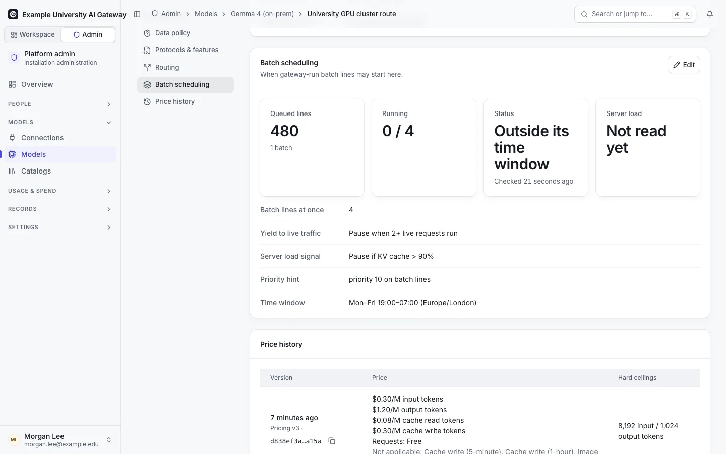 A route's Batch scheduling section: queued lines, running lines, status and server load, above the settings: batch lines at once, yield to live traffic, a server load signal with its limits, a priority hint and a weekday overnight time window.