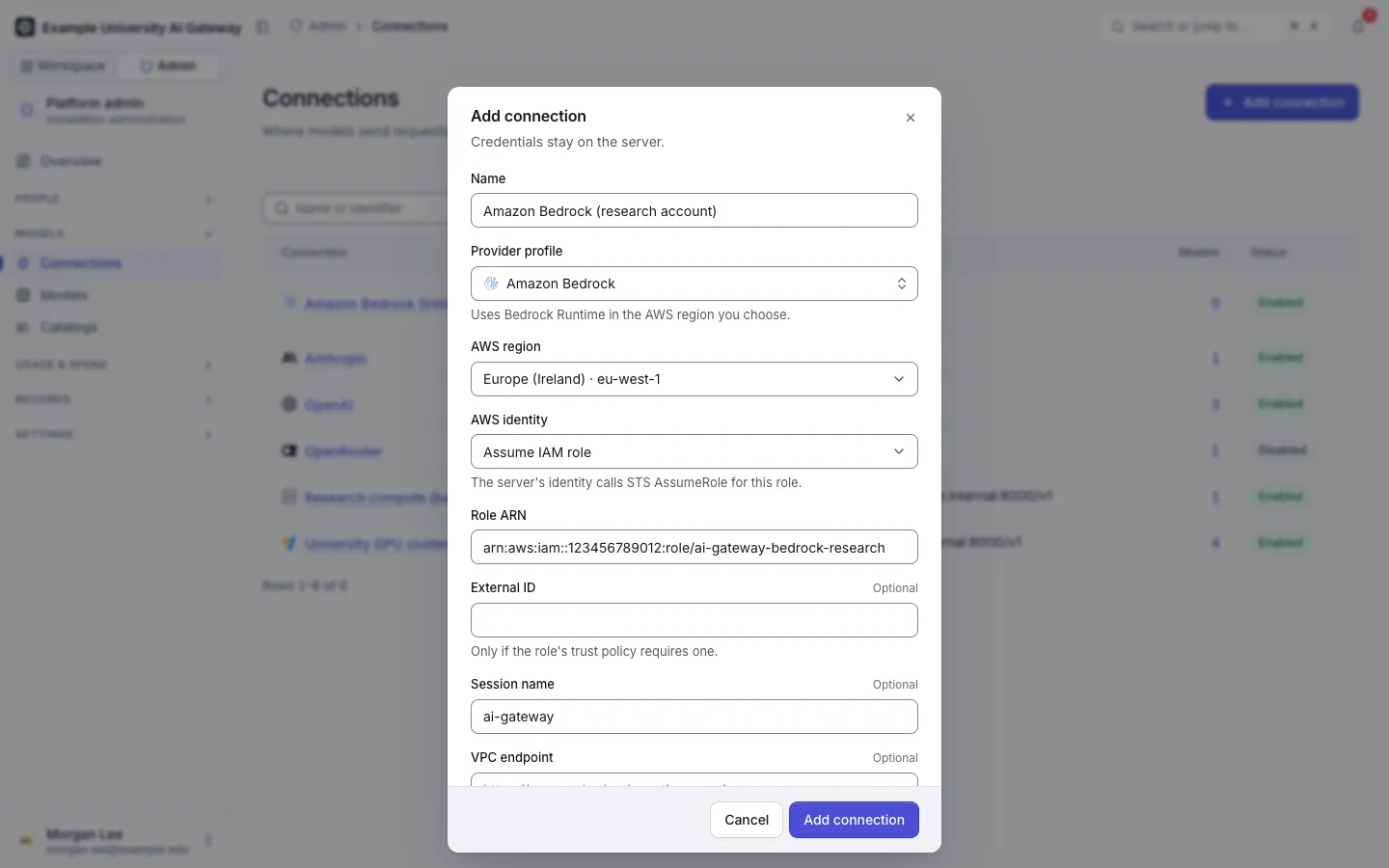 The Add connection form for Amazon Bedrock: a region, the Assume role access mode with a role ARN, and an empty VPC endpoint.