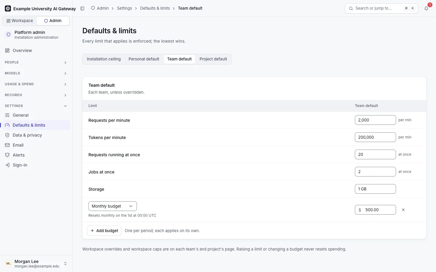 Defaults and limits for Teams: rate limits, jobs at once, storage and a monthly budget, with tabs for the installation ceiling and each workspace type.