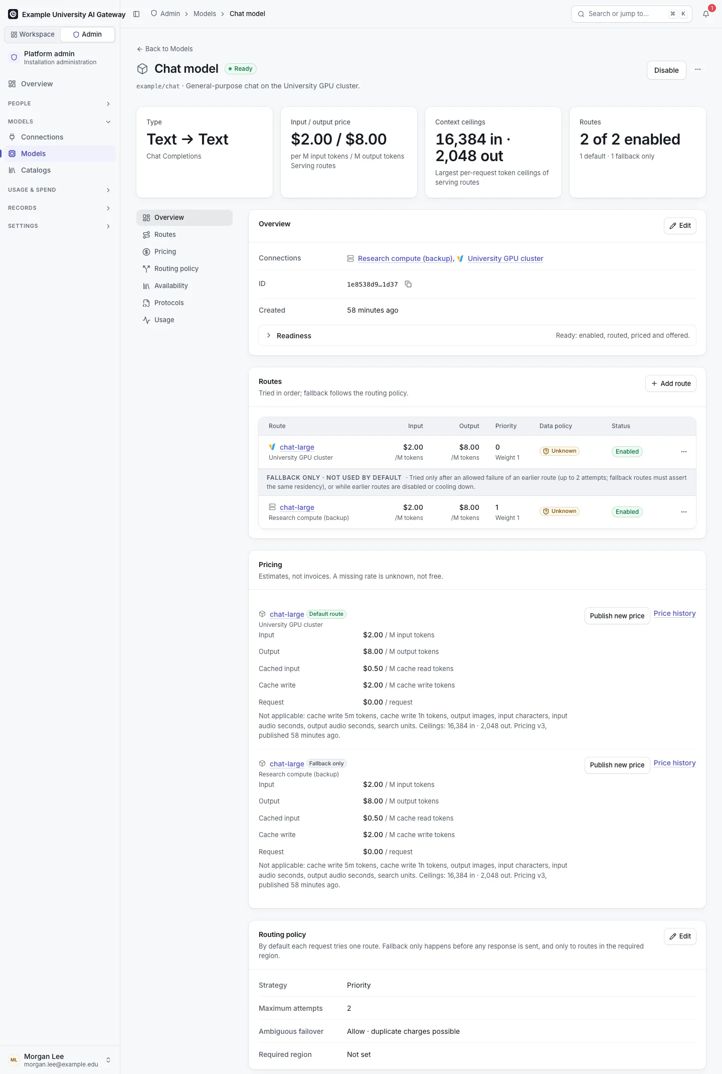 A model's page: two routes with their priority, current price lines and a priority routing policy allowing two attempts.