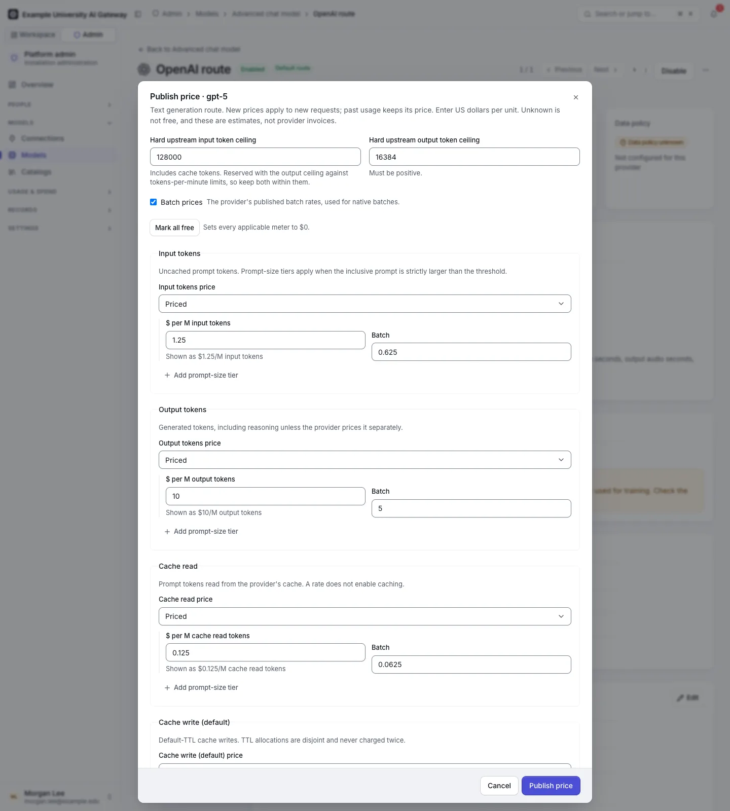 The price editor: input, output and cache read lines, the hard input and output token ceilings, and a separate set of batch prices.
