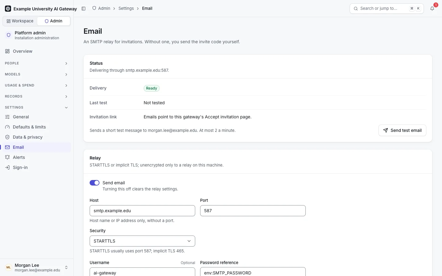 Email settings: an SMTP relay with STARTTLS, a username and password reference, the From address, and a Ready status that has not been tested yet.