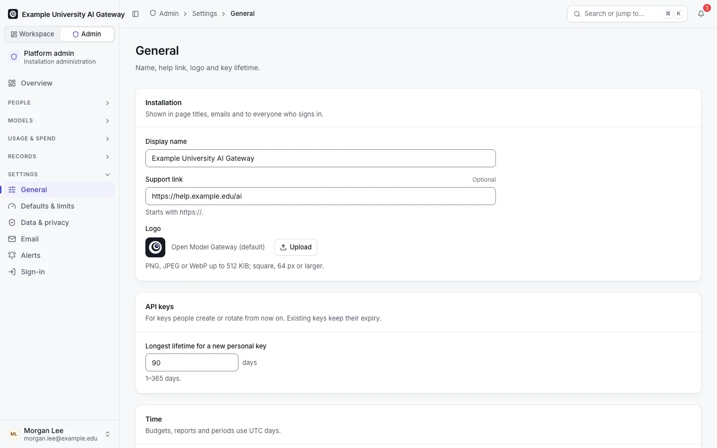 General settings: the installation's display name, support URL, logo and maximum key lifetime.