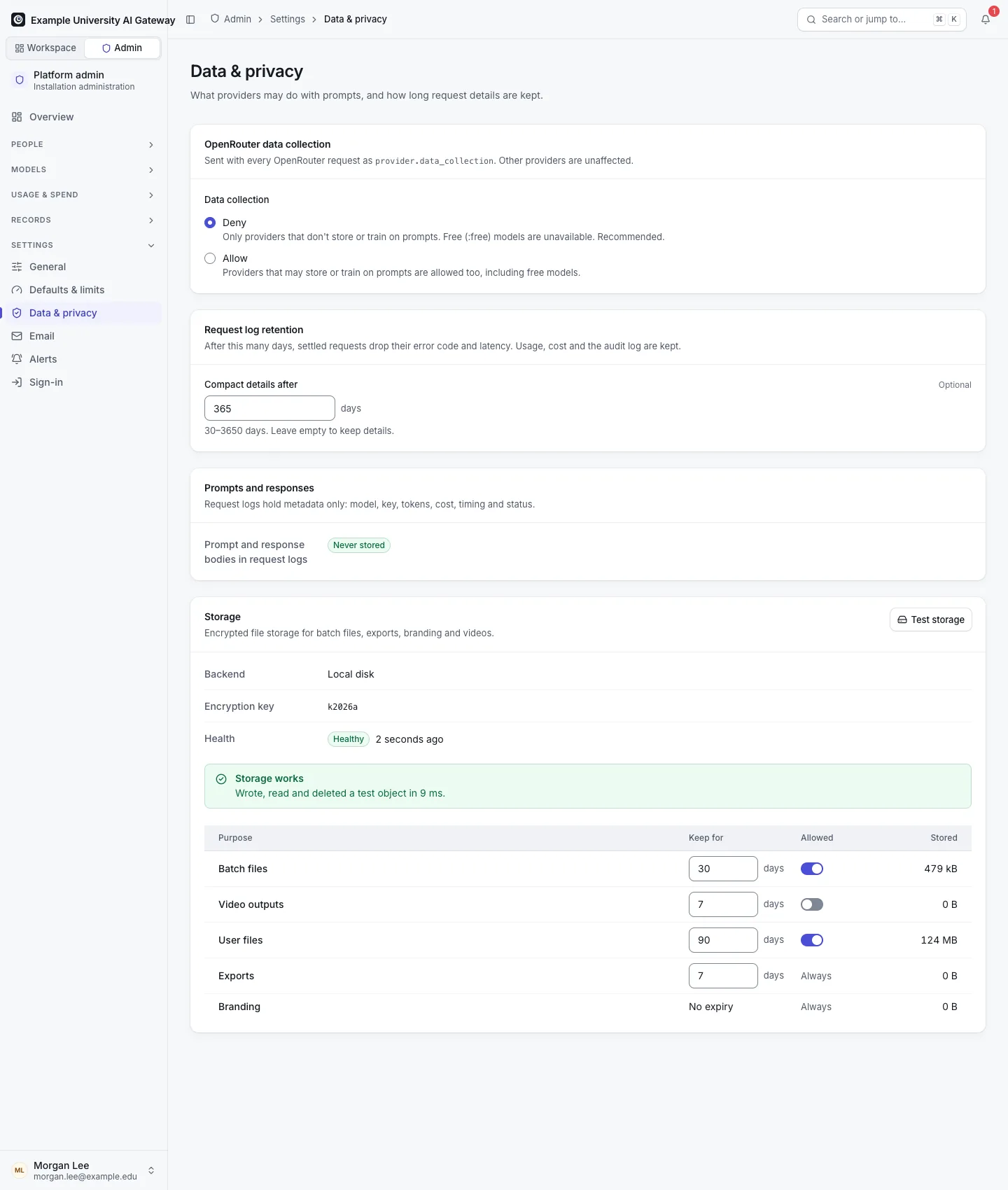 Data and privacy settings: OpenRouter data collection, request log retention, prompt storage, and the Storage card with its backend, encryption key, health and allowed kinds of file.