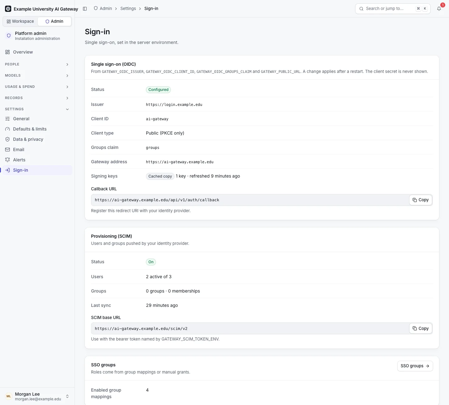 Sign-in settings: the identity provider configuration and callback URL, signing-key status, and SCIM provisioning status with its base URL.