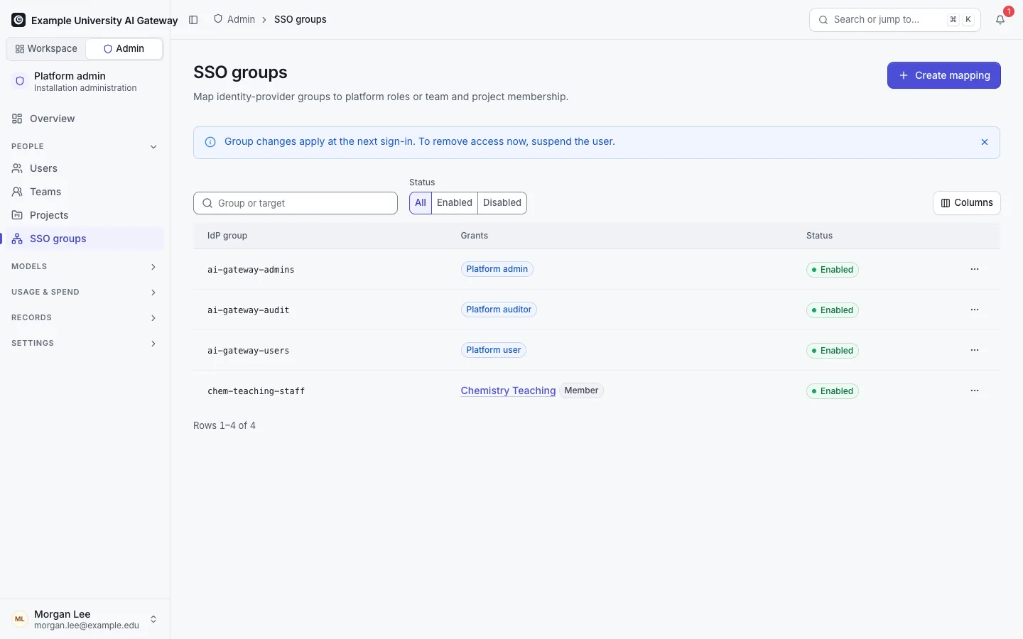 SSO group mappings: four groups mapped to the Platform user, auditor and admin roles and to membership of the Team "Chemistry Teaching".