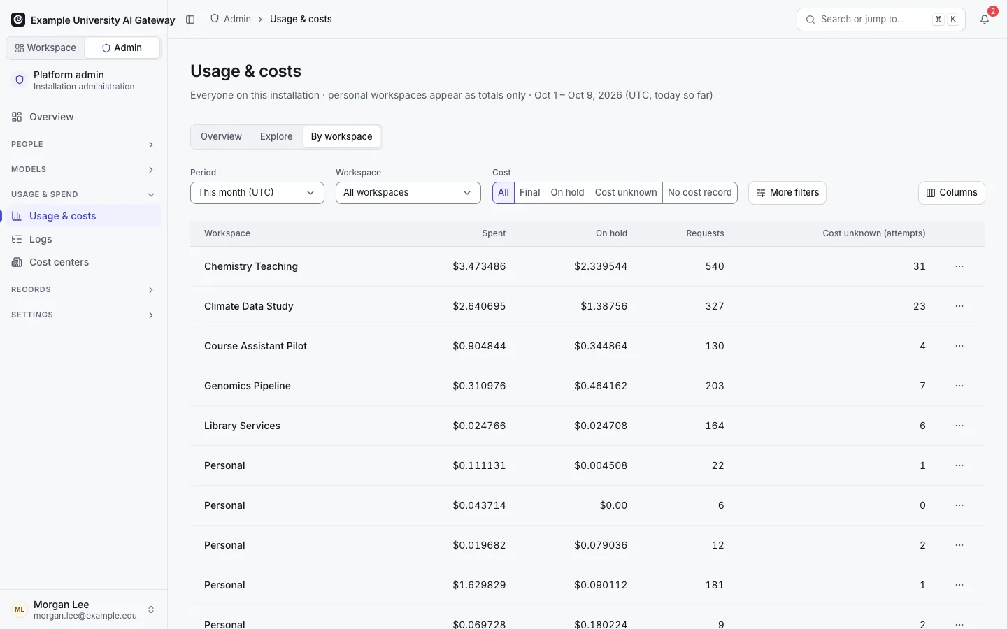 Admin Usage and costs, By workspace: each Team and Project with spend, the amount on hold, requests and attempts with unknown cost; personal workspaces appear as totals only.
