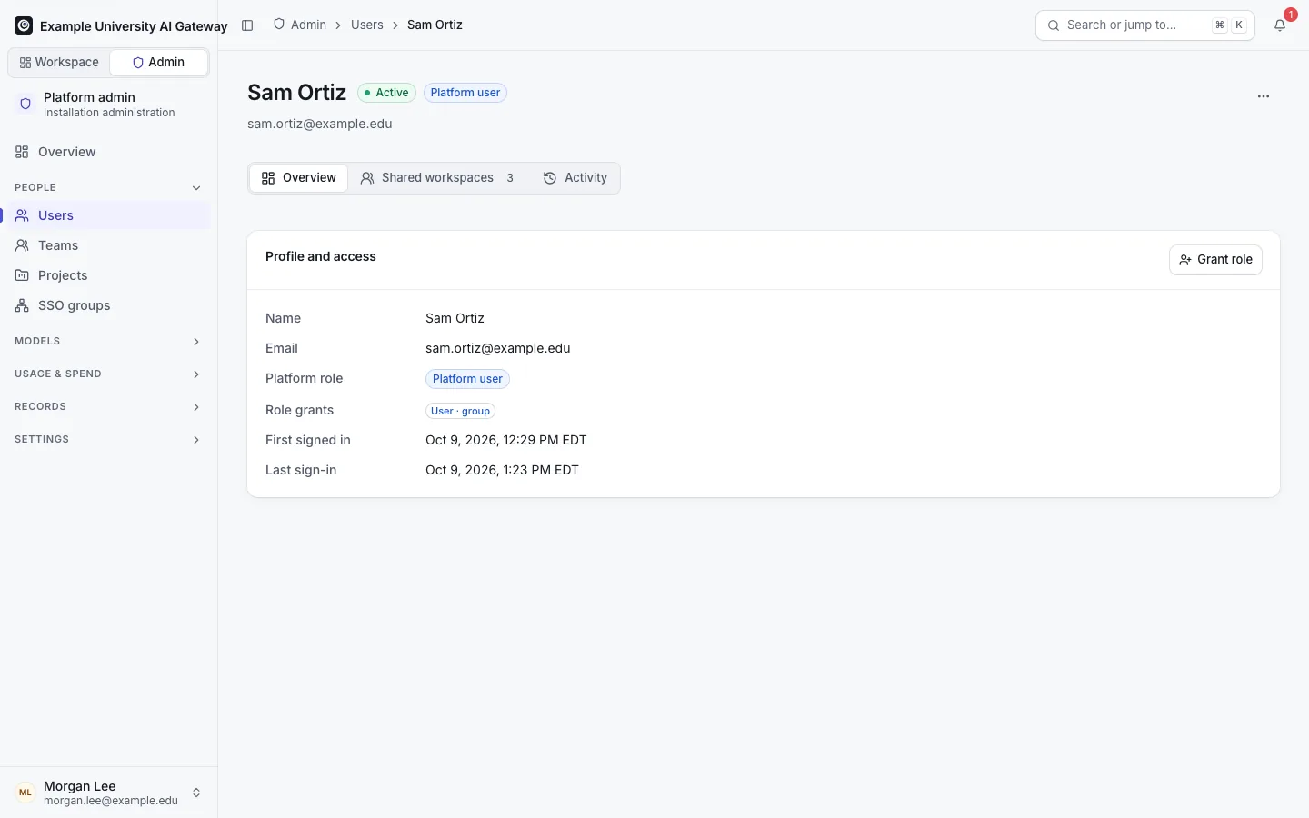 A user's page in Admin: profile and access, sign-in dates, and a Platform user role granted through an SSO group.