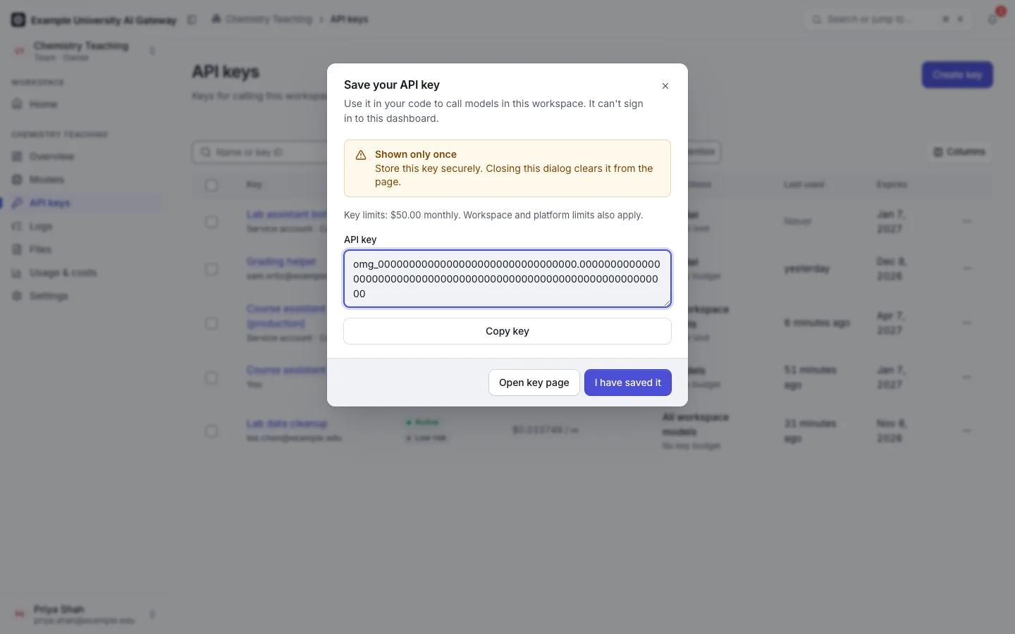 The "Save your API key" dialog showing a new key once, with Copy key and I have saved it.