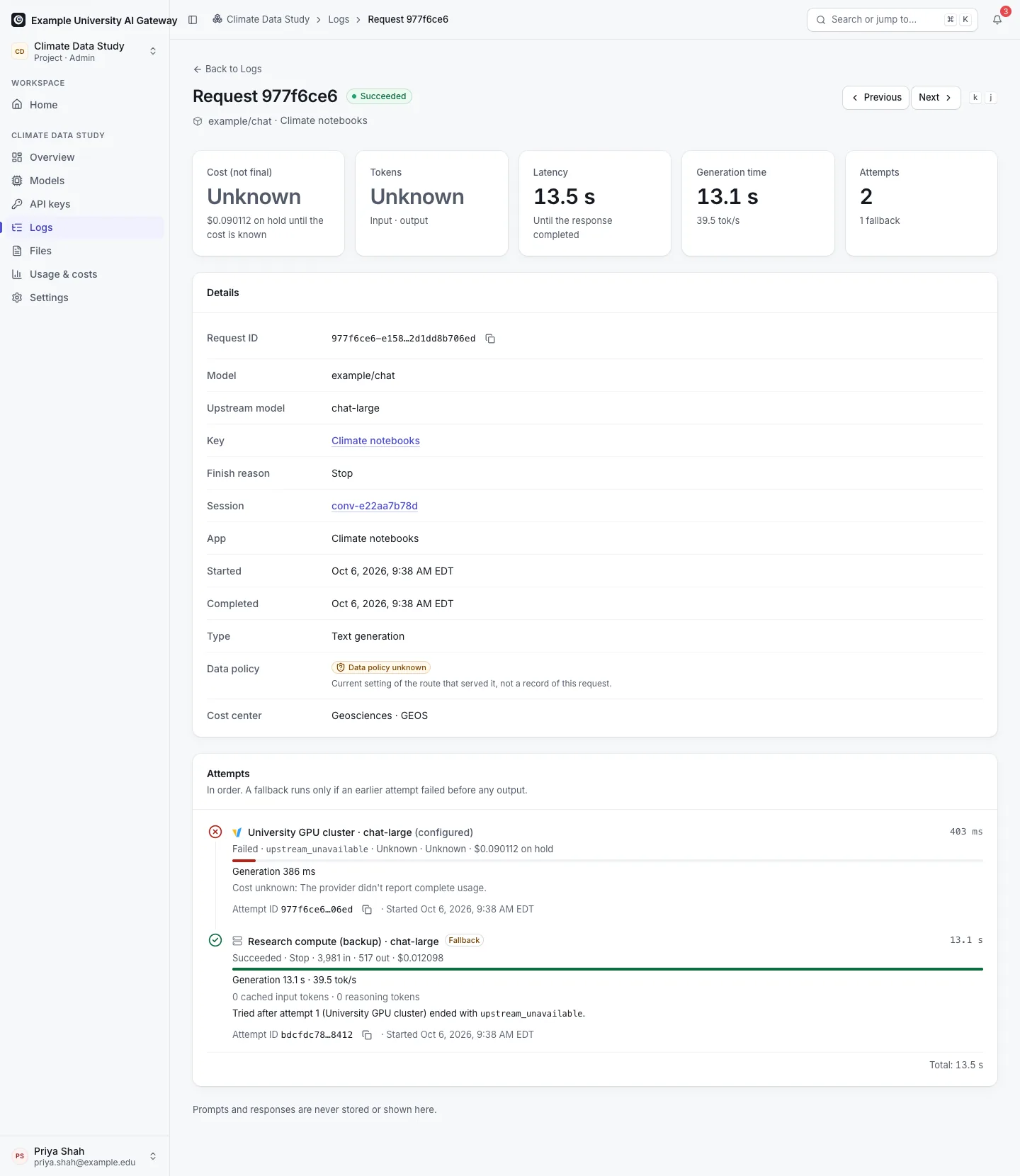 A request's page: the summary and two attempts in order, the first failed on one route and the second succeeded on another, with tokens, timings and cost.
